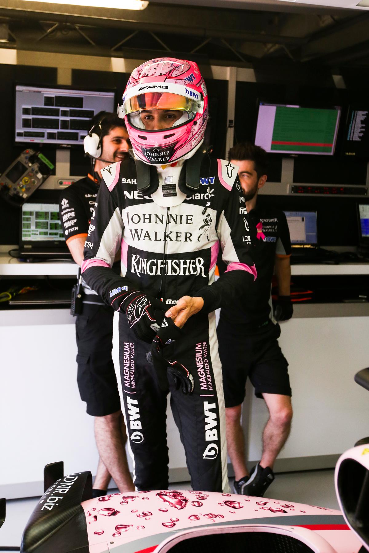 Esteban Ocon, Force India F1 driver, 2017 overalls.