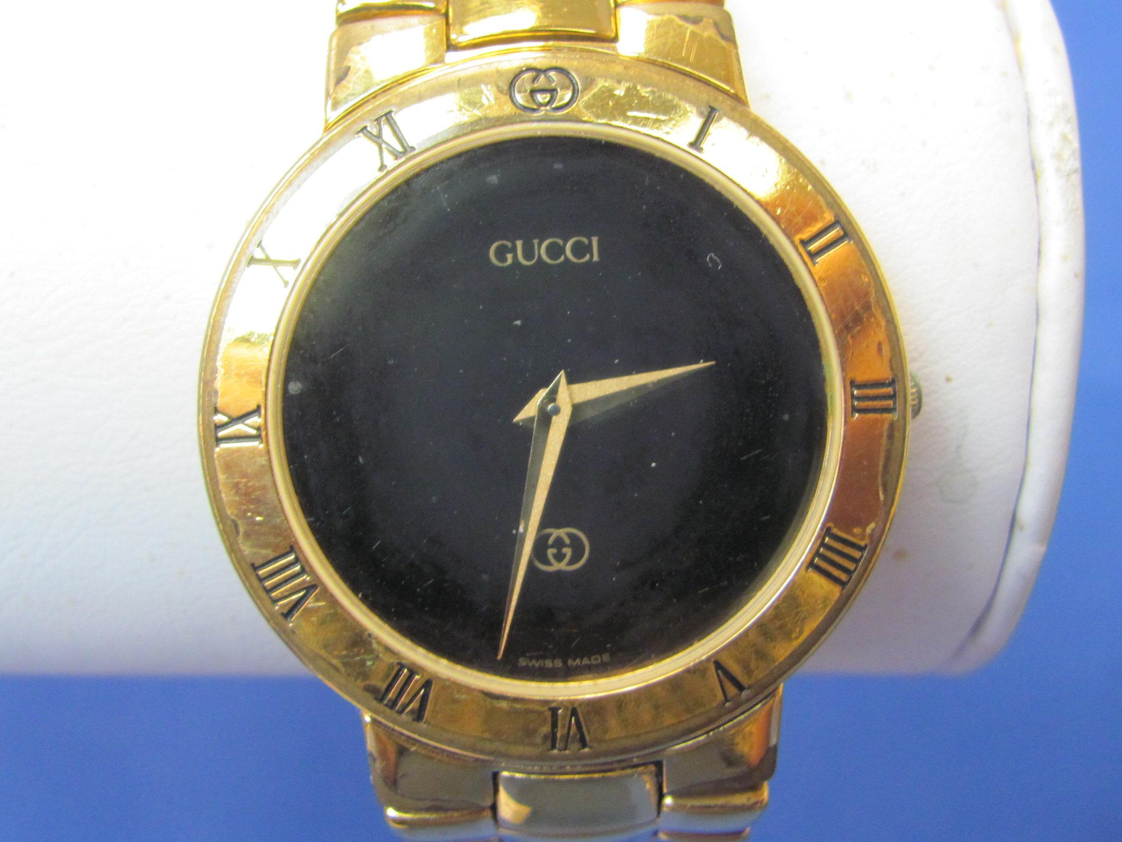3 Wristwatches – Gucci – Movado – Marc Jacobs – Black Faces – 2 Goldtone Clasp Bands