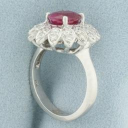 Ruby And Diamond Flower Ring In 14k White Gold