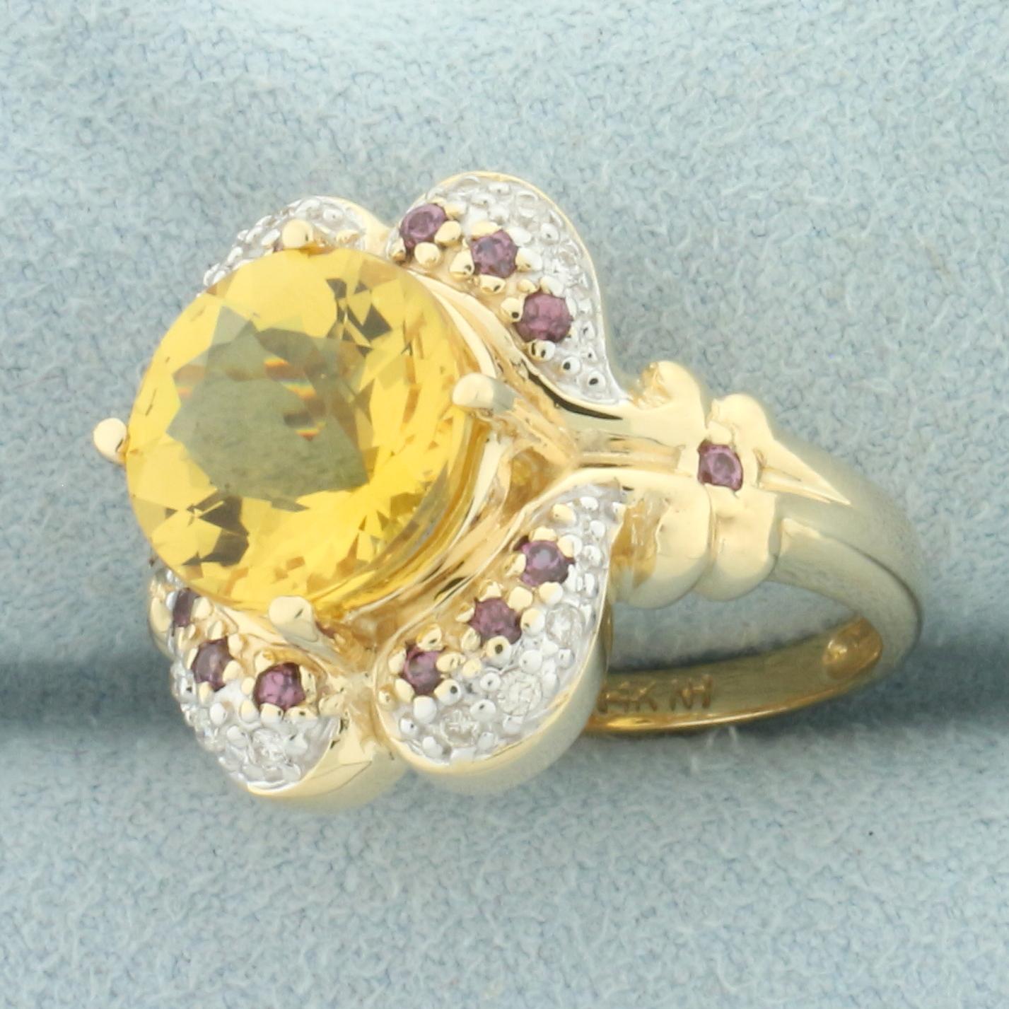 Citrine, Pink Sapphire, And Diamond Ring In 14k Yellow Gold