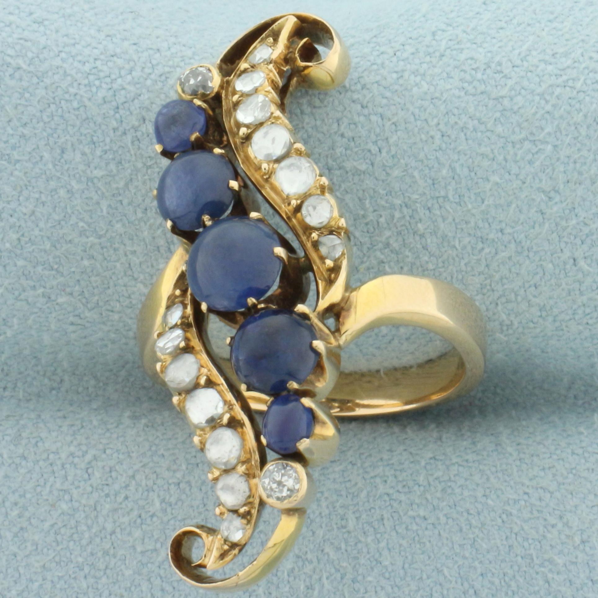 Antique Old Cut Diamond And Sapphire Ring In 14k Yellow Gold