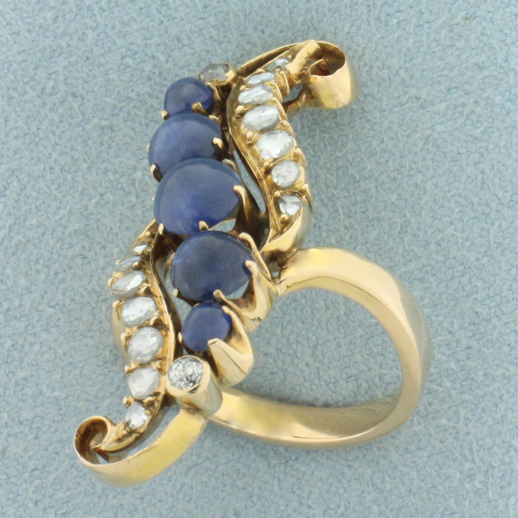 Antique Old Cut Diamond And Sapphire Ring In 14k Yellow Gold