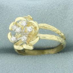 Diamond Flower Design Split Shank Ring In 14k Yellow Gold