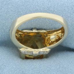 Checkerboard Cut Citrine And Diamond Ring In 14k Yellow Gold