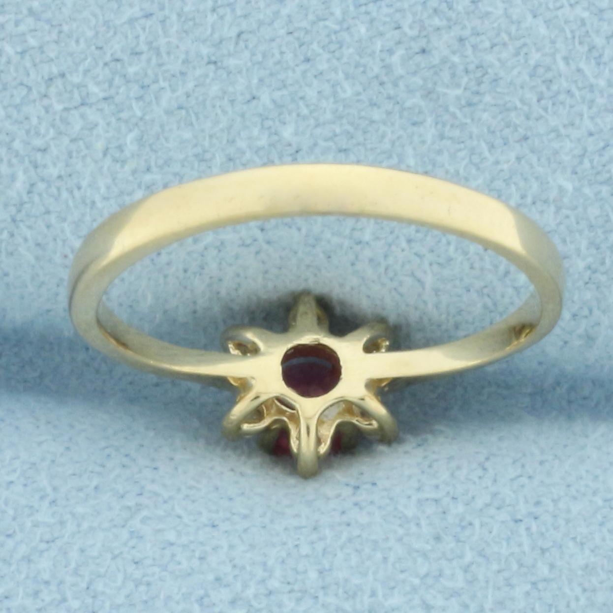 Ruby And Diamond Flower Ring In 10k Yellow Gold