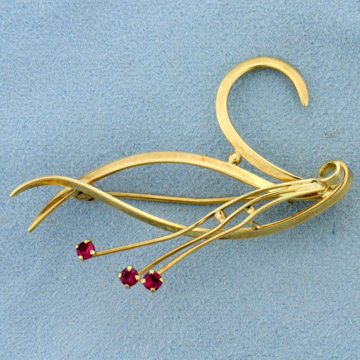 Swan Design Ruby Pin In 14k Yellow Gold