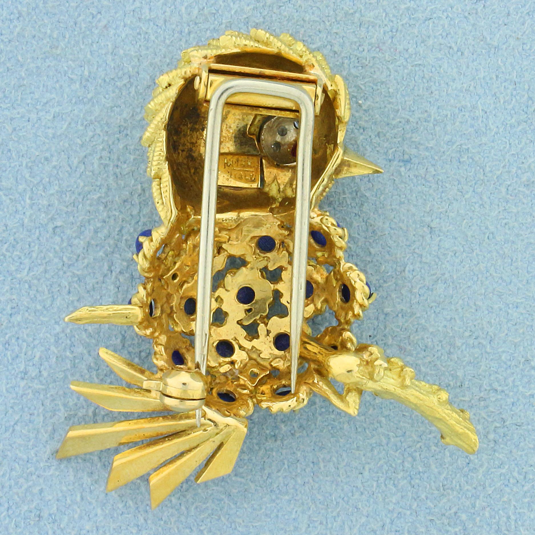 Italian Made Lapis, Ruby, And Diamond Bird Pin In 18k Yellow Gold
