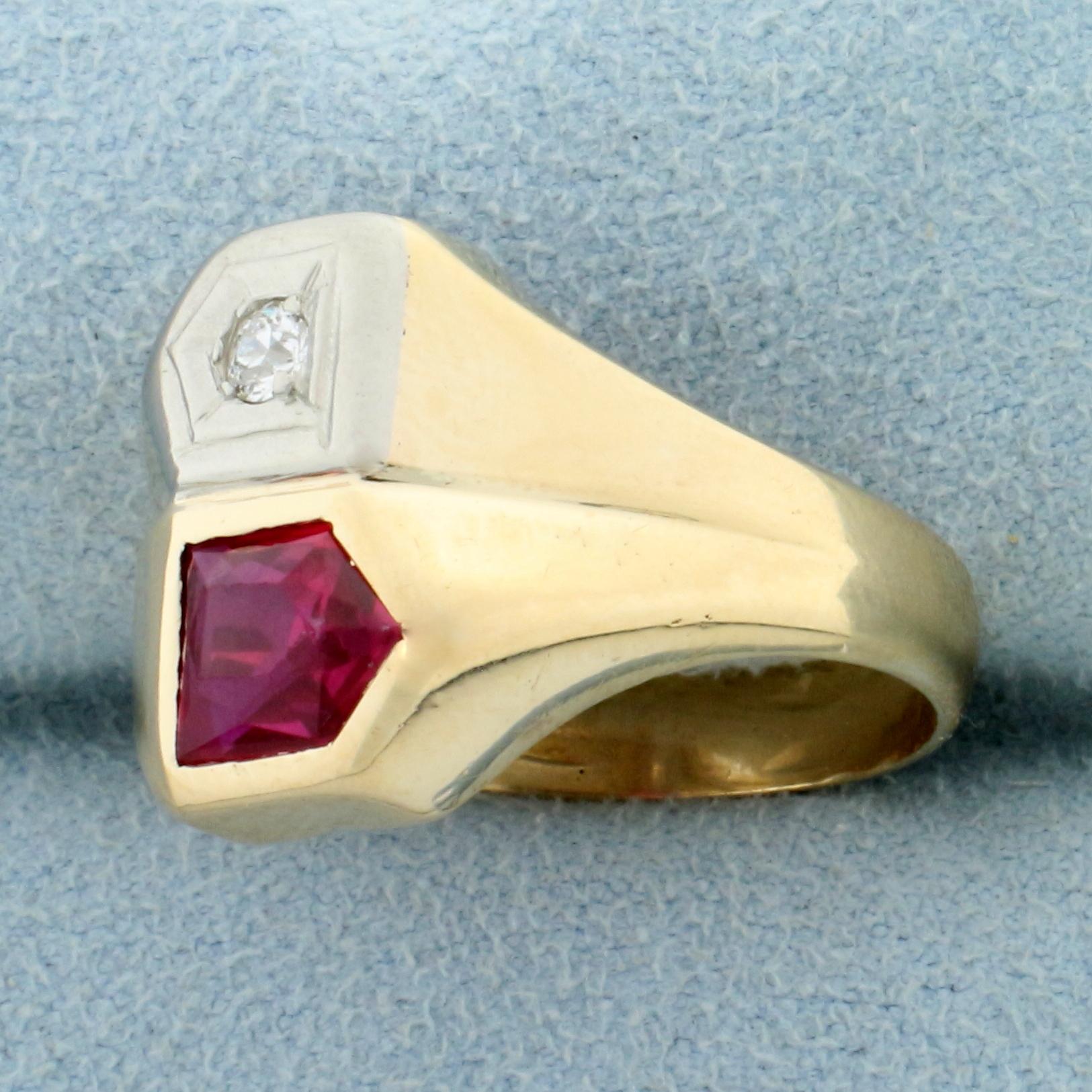 Antique Fancy Cut Natural Ruby And Old European Cut Diamond Ring In 14k Yellow Gold
