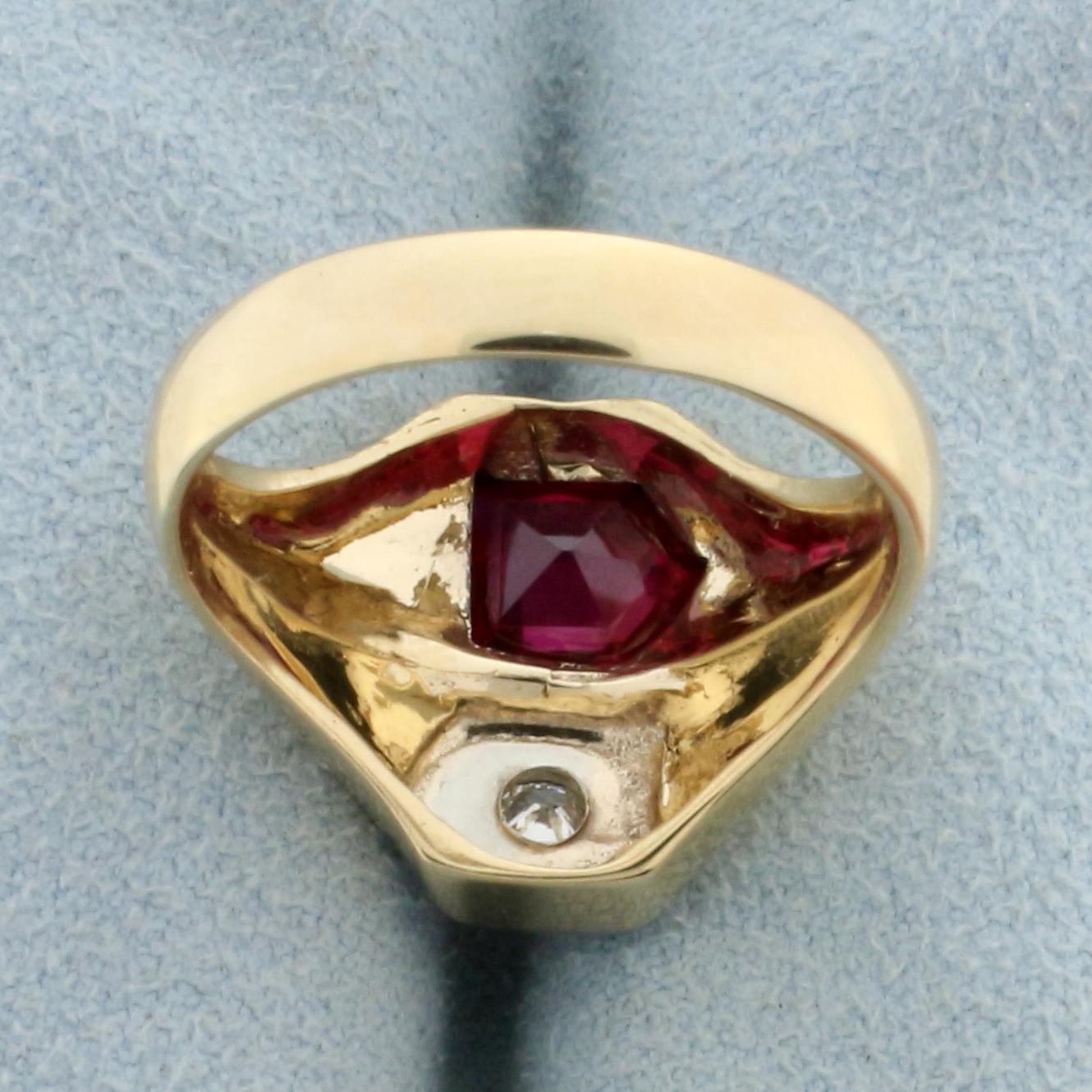 Antique Fancy Cut Natural Ruby And Old European Cut Diamond Ring In 14k Yellow Gold