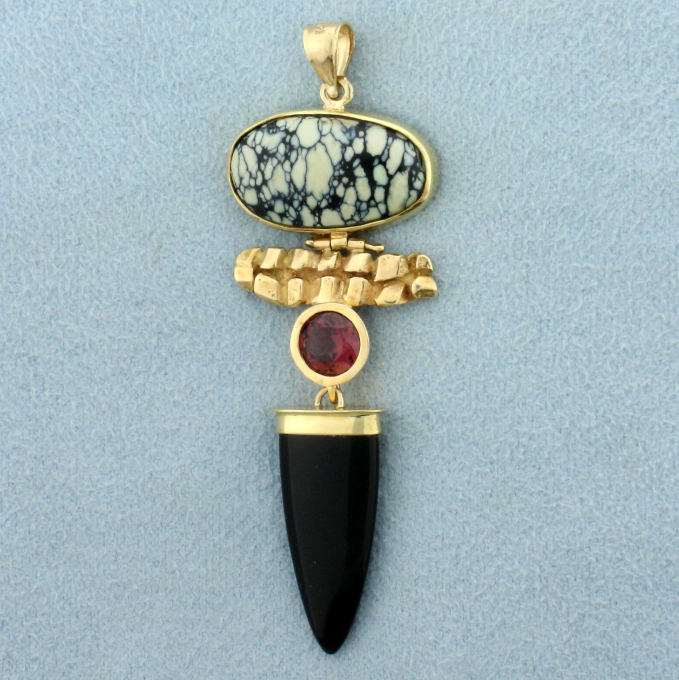 Custom Designed Morganite, Onyx And Agate Pendant In 14k Yellow Gold