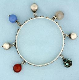 Designer Perruzzi Sterling Silver Bangle Fob Bracelet With Gemstone Dangle Beads In Sterling Silver