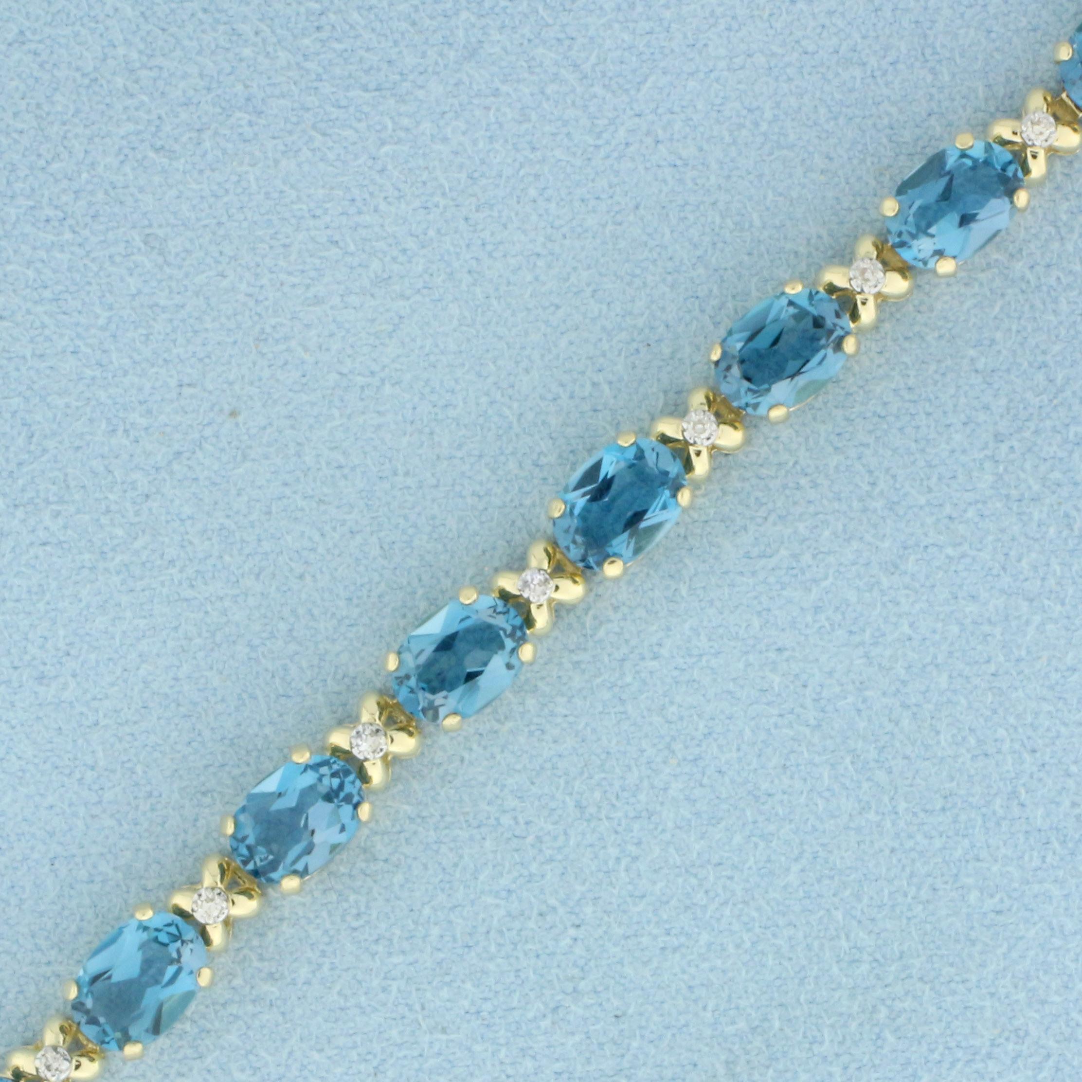 Swiss Blue Topaz And Diamond Tennis Bracelet In 14k Yellow Gold
