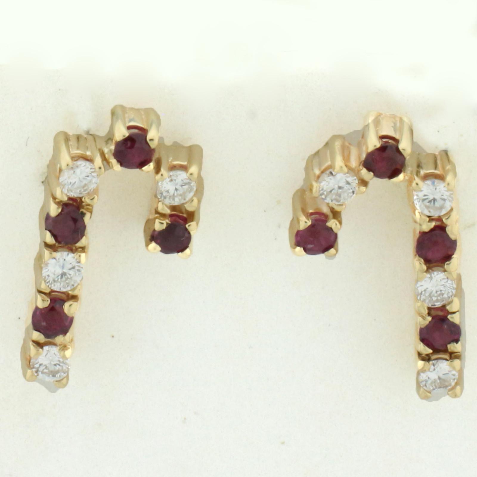 Diamond And Ruby Candy Cane Earrings In 14k Yellow Gold