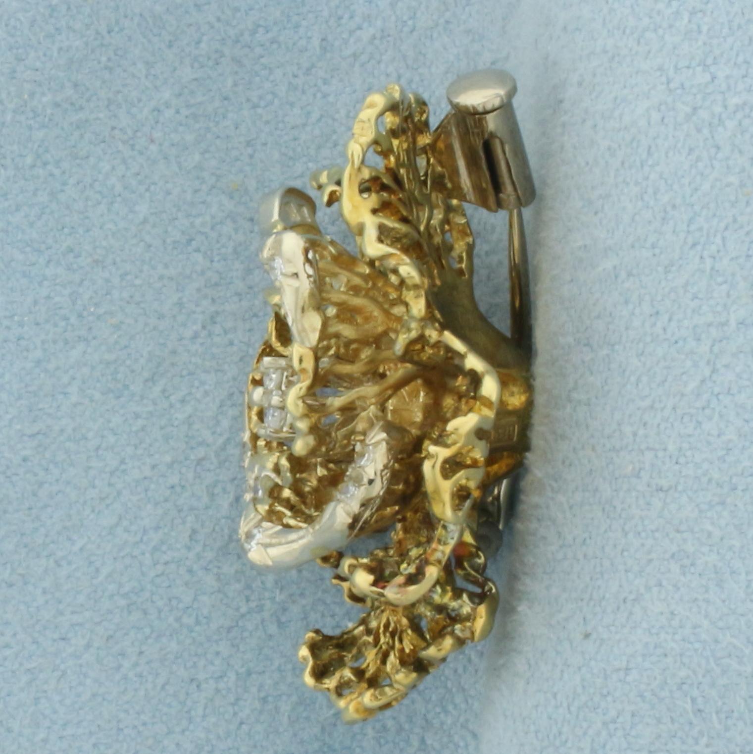 Italian Diamond Natural Freeform Flower Brooch Pin In 18k Yellow Gold
