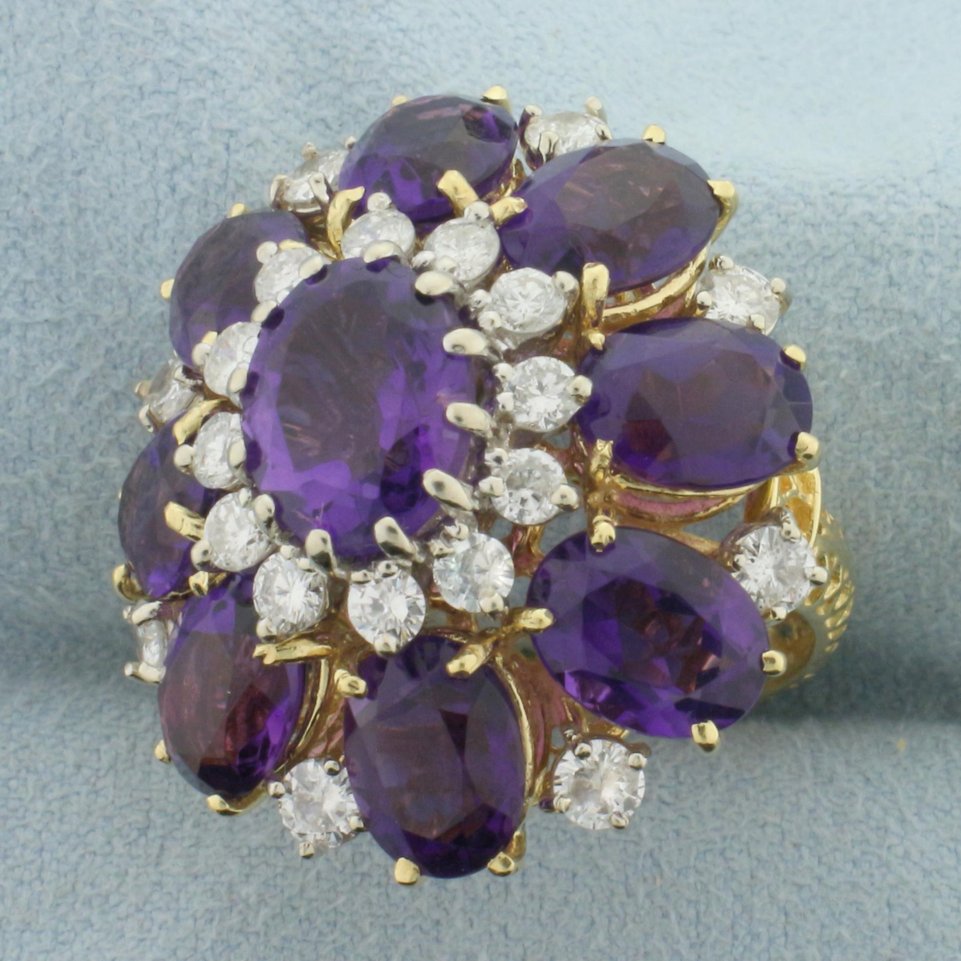 14ct Amethyst And Diamond Flower Statement Ring In 18k Yellow Gold