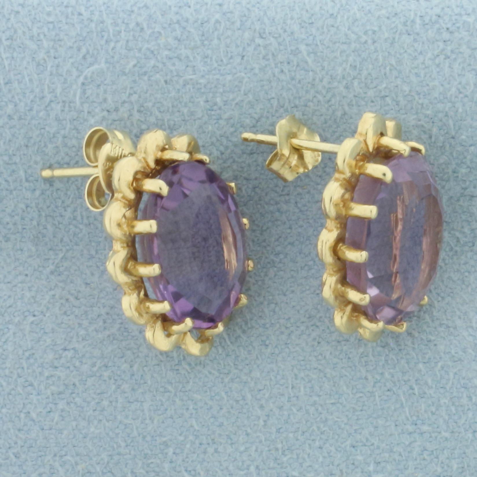 Amethyst Flower Design Earrings In 14k Yellow Gold