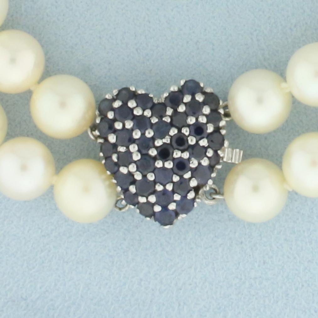 Vintage Sapphire Heart Akoya Pearl Necklace In 14k White Gold