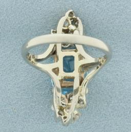 Vintage Blue Topaz And Diamond Retro Era Cocktail Ring In 14k White Gold.