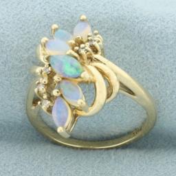 Opal And Diamond Vertical Spray Design Ring In 10k Yellow Gold