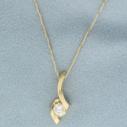 Diamond Solitaire Ribbon Design Necklace In 14k Yellow Gold