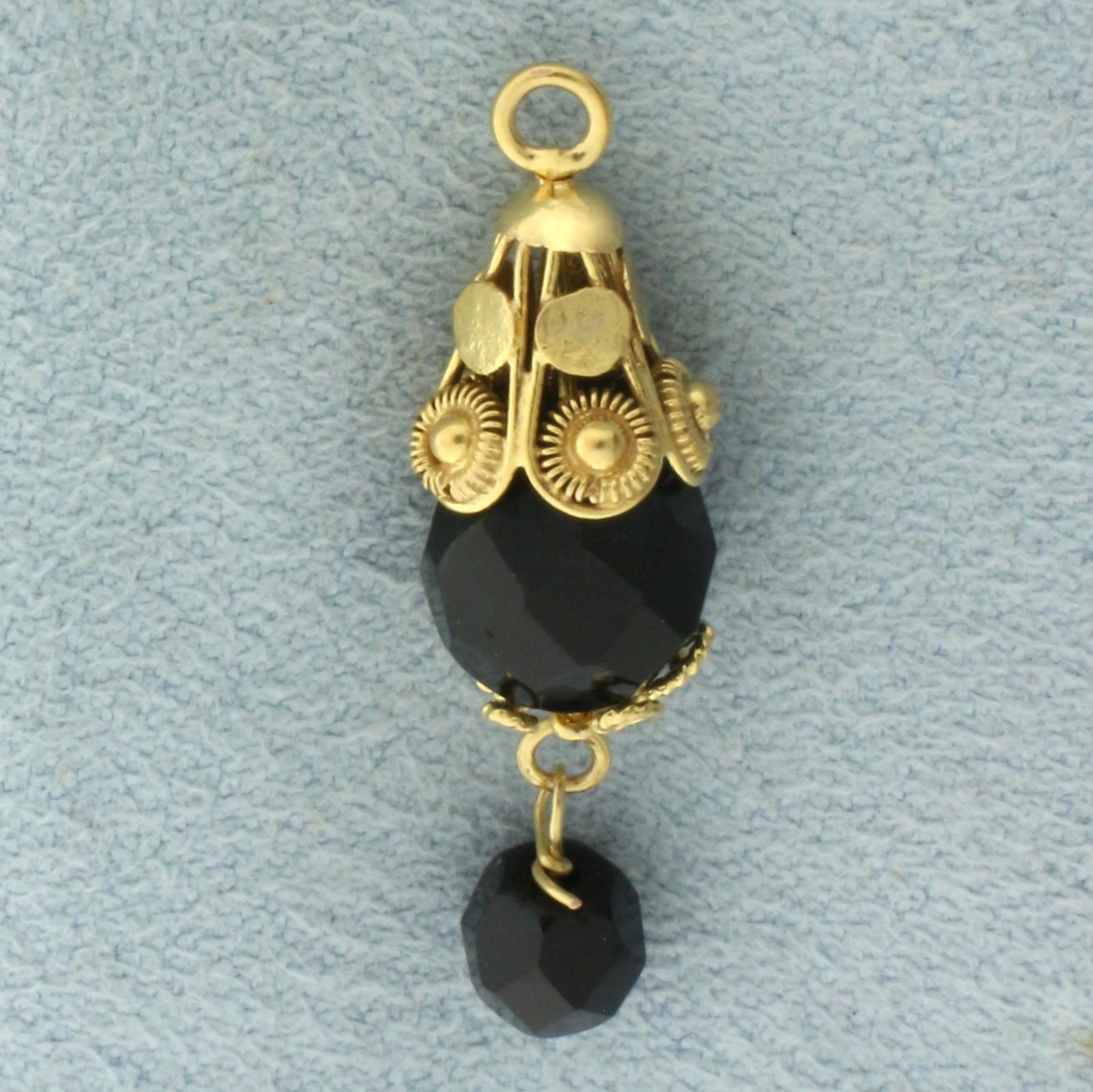 Onyx Bead Dangle Wirework Charm Or Pendant In 14k Yellow Gold