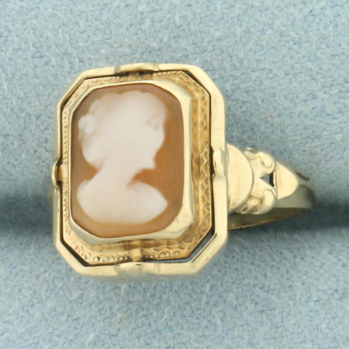 Antique Spinning Shell Carved Cameo And Onyx/diamond Ring In 14k Yellow Gold