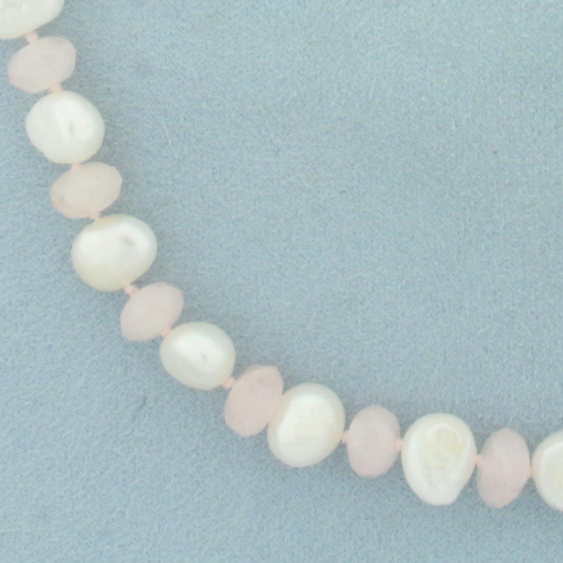 Baroque Pearl And Rose Quartz Hand Knotted Choker Necklace In 14k Yellow Gold
