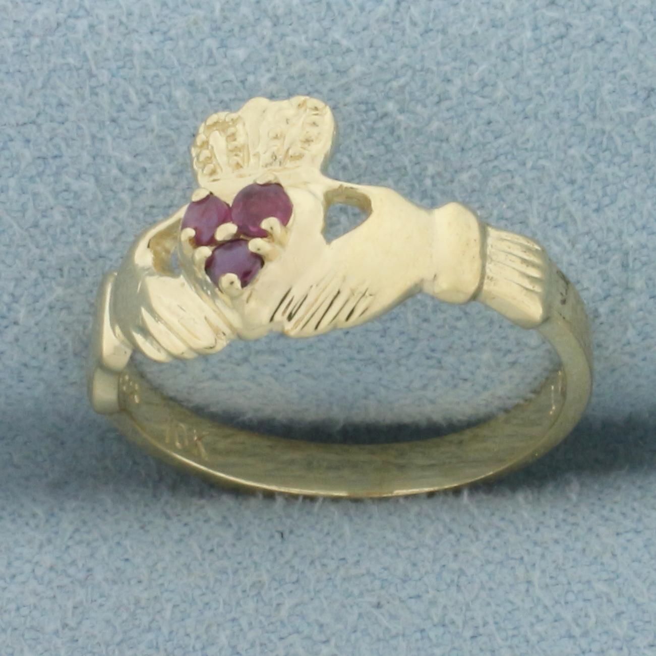 Ruby Claddagh Ring In 10k Yellow Gold