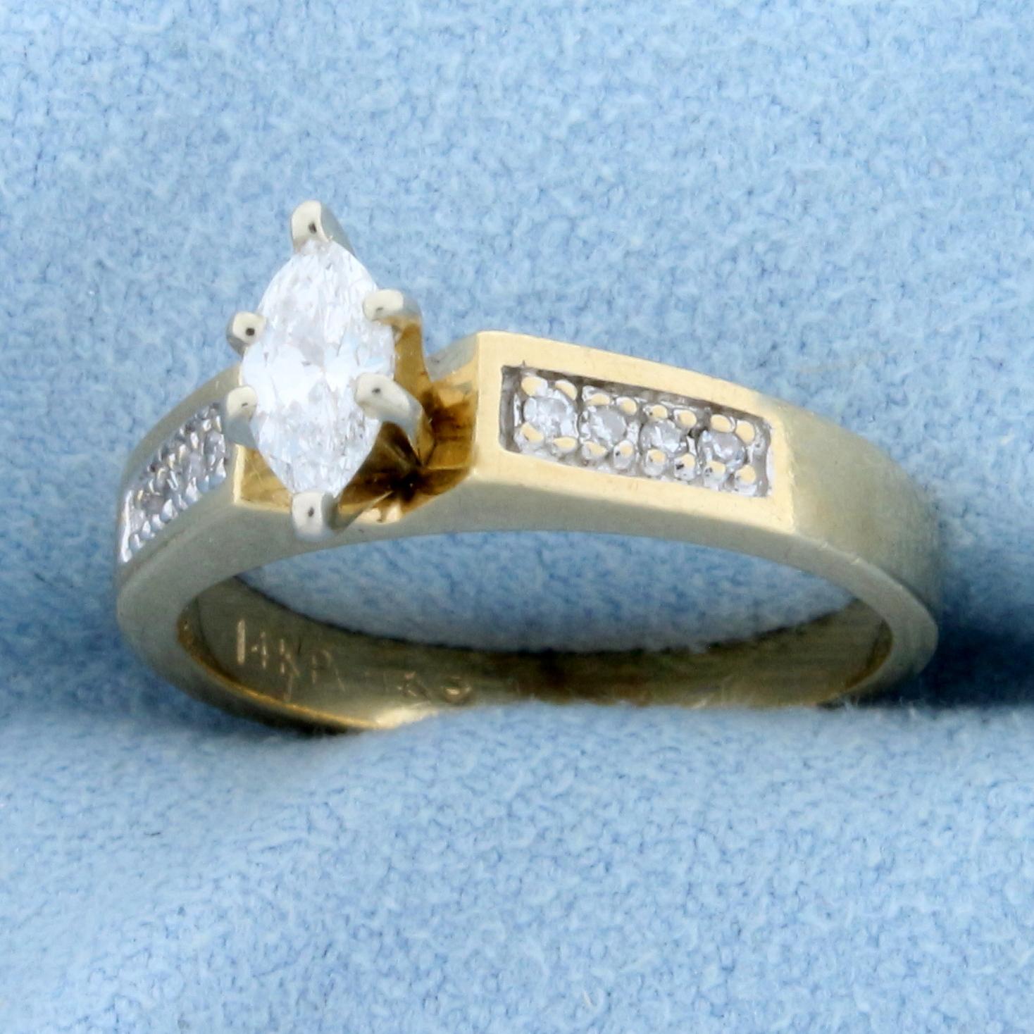Vintage Marquise And Round Diamond Engagement Ring In 14k Yellow Gold