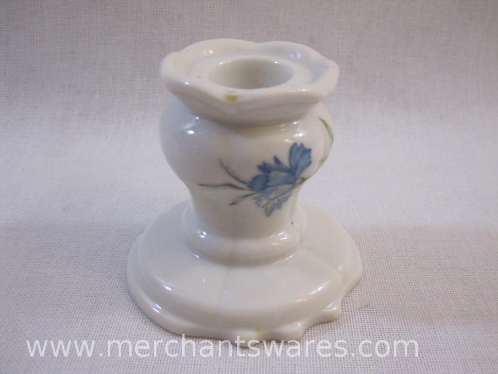 Two Ceramic Inarco E-4542 Blue Flower Candle Stick Holder and Dish, 12 oz
