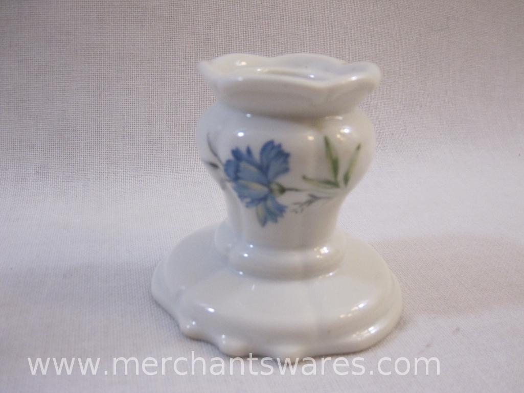Two Ceramic Inarco E-4542 Blue Flower Candle Stick Holder and Dish, 12 oz