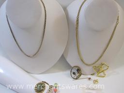 Assorted Gold Tone Costume Jewelry including heart and flower pins, solid copper and stone bracelet