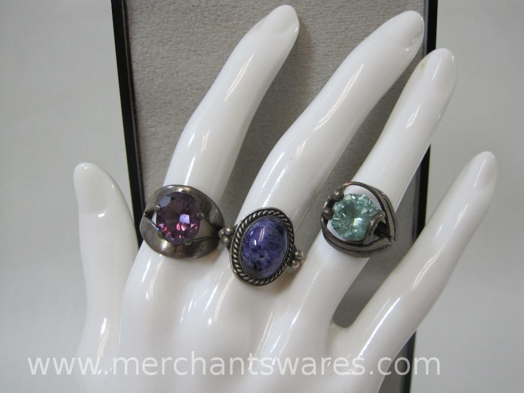 Three Chunky Sterling Silver Rings with Large Stones, Purple tests as Topaz or Carborundum, Green
