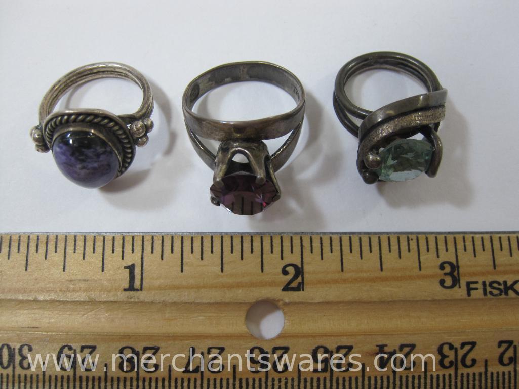 Three Chunky Sterling Silver Rings with Large Stones, Purple tests as Topaz or Carborundum, Green