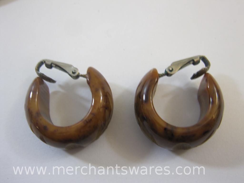 Two Pairs of Bakelite Earrings and Flower Pin/Brooch