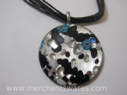 Multistrand Necklace with Fused Glass Pendant and Silvertone Pendant on Black Leather Necklace, 2oz