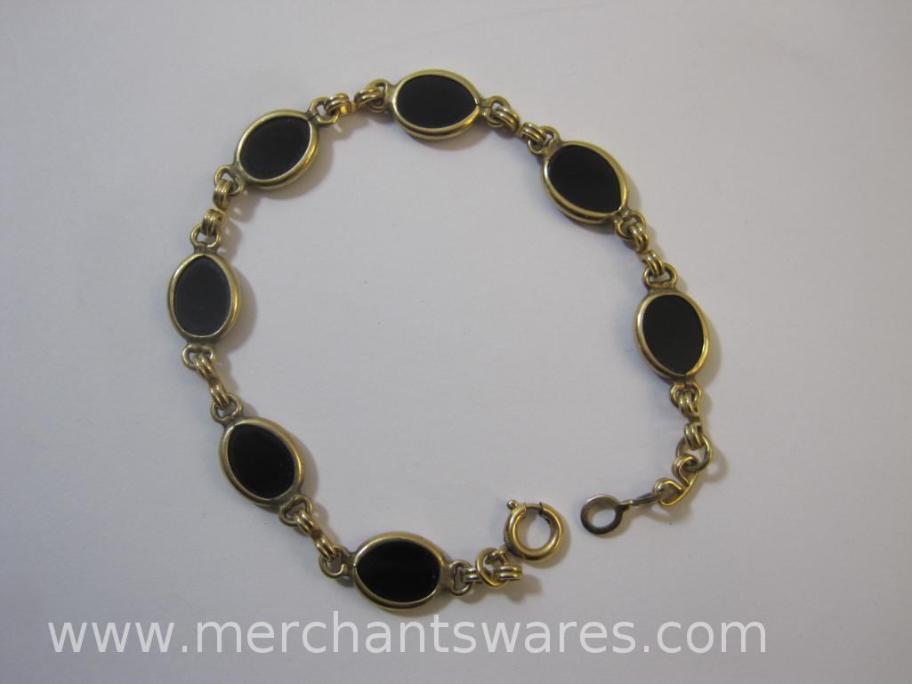 Two Gold Filled Captured Black Onyx Bracelets, Gold Filled Captured Green Stone Bracelet and Gold