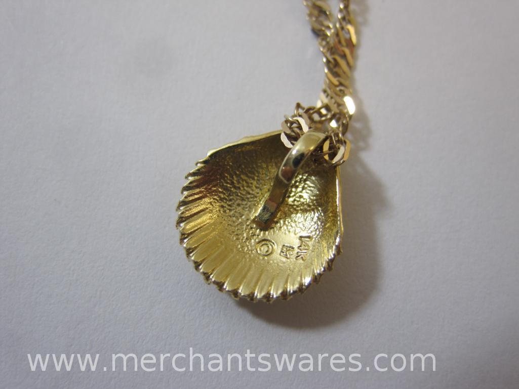 14 KT Gold Scallop Shell Pendant with 10 KT Gold Chain Necklace, approx 19 Inches Long