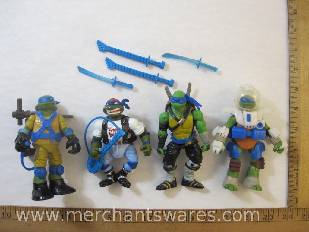 Four Leonardo Teenage Mutant Ninja Turtles Figures including 1991 Rock n Roll Rocker, 2012