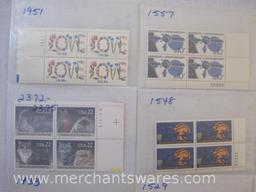 Twelve Blocks of US Postage Stamps including 20c LOVE Flowers (1951), 15c Wildlife Conservation Owls