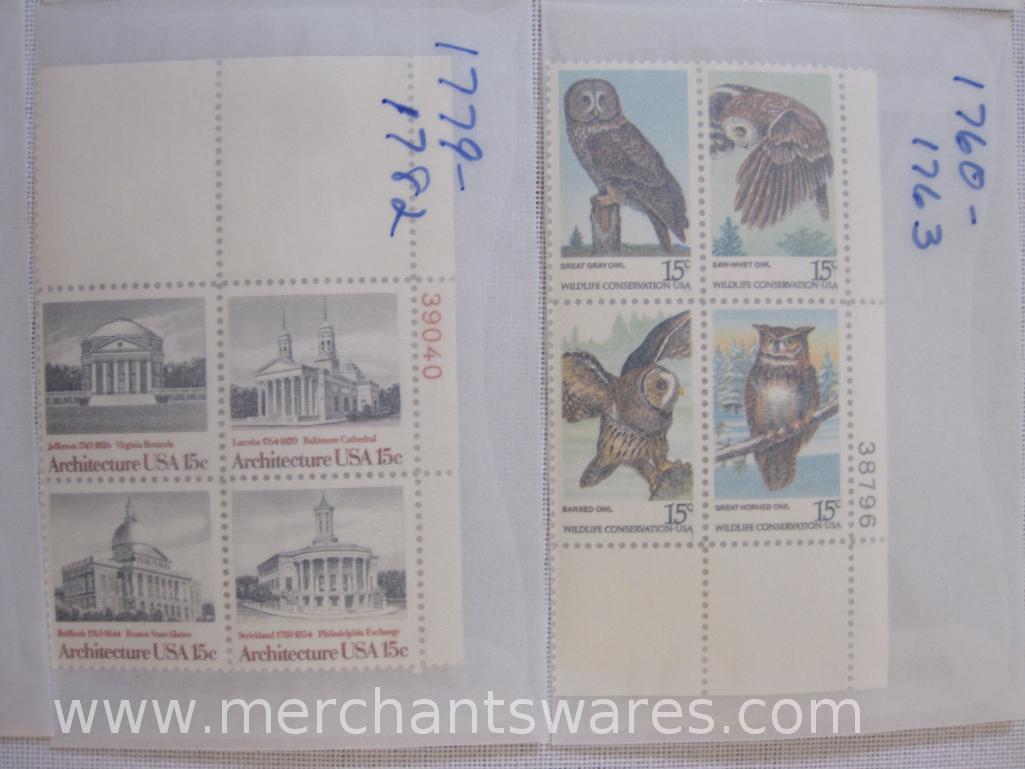 Twelve Blocks of US Postage Stamps including 20c LOVE Flowers (1951), 15c Wildlife Conservation Owls