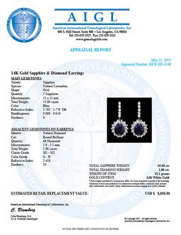 14k Gold 15.00ct Sapphire 1.90ct Diamond Earrings