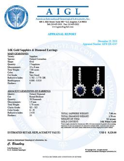 14k Gold 7ct Sapphire 1.70ct Diamond Earrings