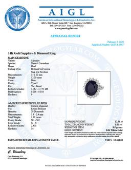 14k Gold 12.50ct Sapphire 1.60ct Diamond Ring