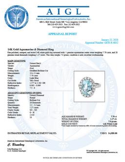 14k Gold 7.70ct Aquamarine 1.27ct Diamond Ring