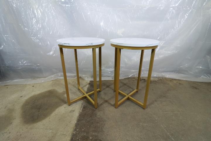Pair Synthetic Marble Top Tables With Metal Bases
