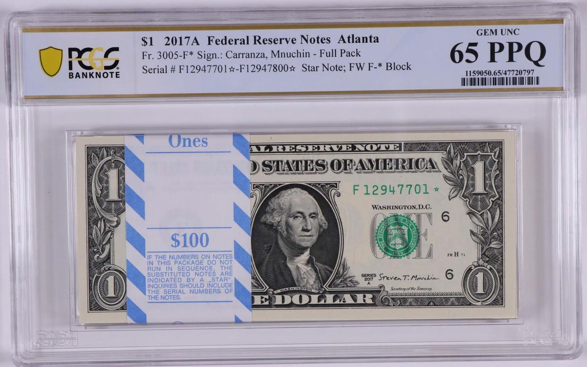Pack of 2017A $1 Federal Reserve STAR Notes Atlanta Fr.3005-F* PCGS Gem UNC 65PPQ