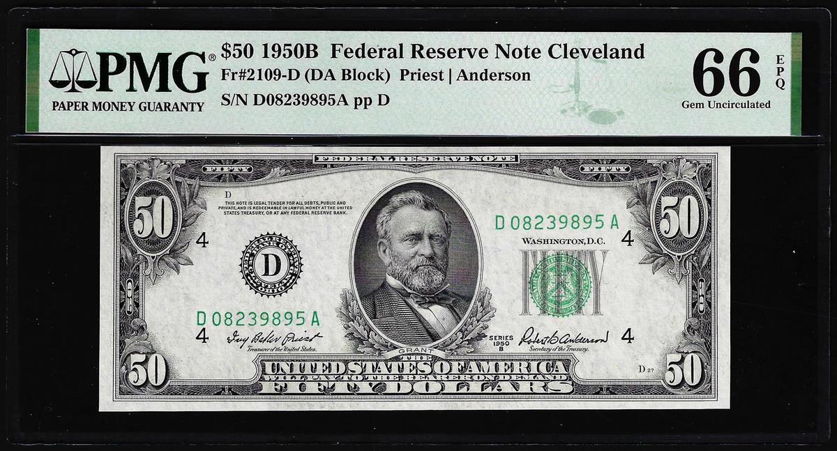 1950B $50 Federal Reserve Note Cleveland Fr.2109-D PMG Gem Uncirculated 66EPQ