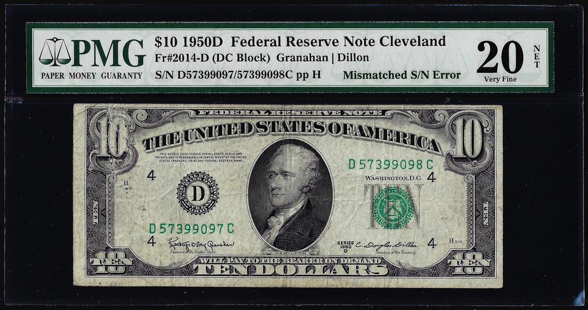 1950D $10 Federal Reserve Note Mismatched Serial Number Error PMG Very Fine 20 Net