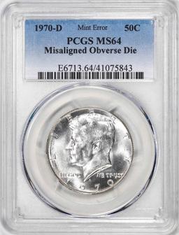 1970-D Kennedy Half Dollar Coin Mint Error Misaligned Obverse Die PCGS MS64